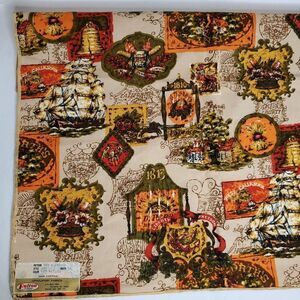 Vintage Colonial Americana Pub Signs Tall Ship Upholstery Fabric Amish Tan Red